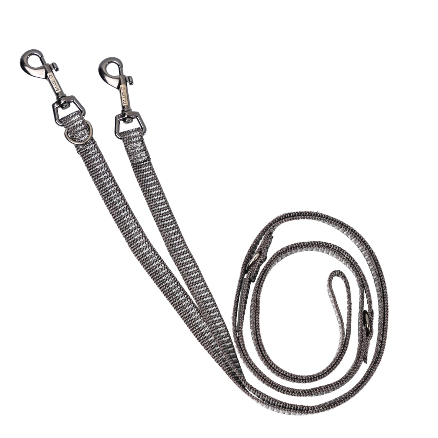 A grey reflective multi-function dog leash with nylon material and metal clips.