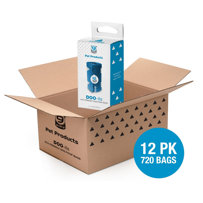 Case pack of 720 bags of dooit poop bag refills on a whilte background