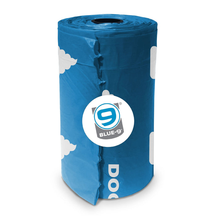 Blue poop bag roll with blue-9 sticker on a white background.