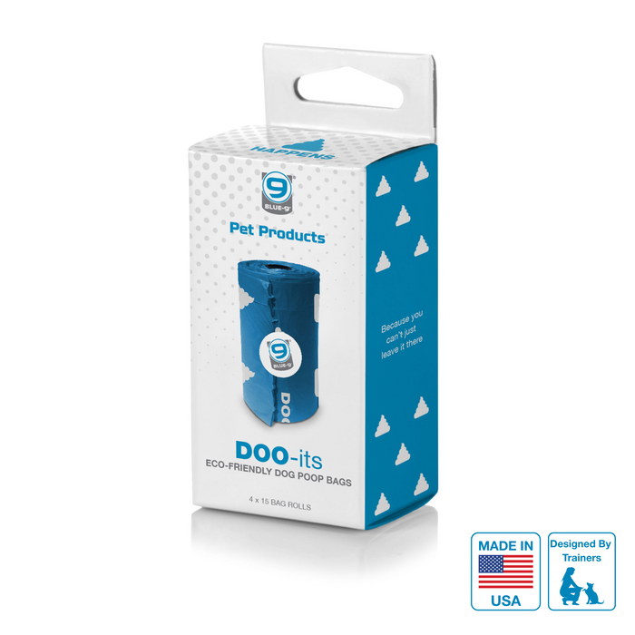 Box of Doo-its eco-friendly dog poop bags with blue packaging on a white background