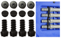 An accessory kit for KLIMB Platform, including black 'Sure Feet' caps, six-inch short legs, and a strap for storage, displayed on a blue background.