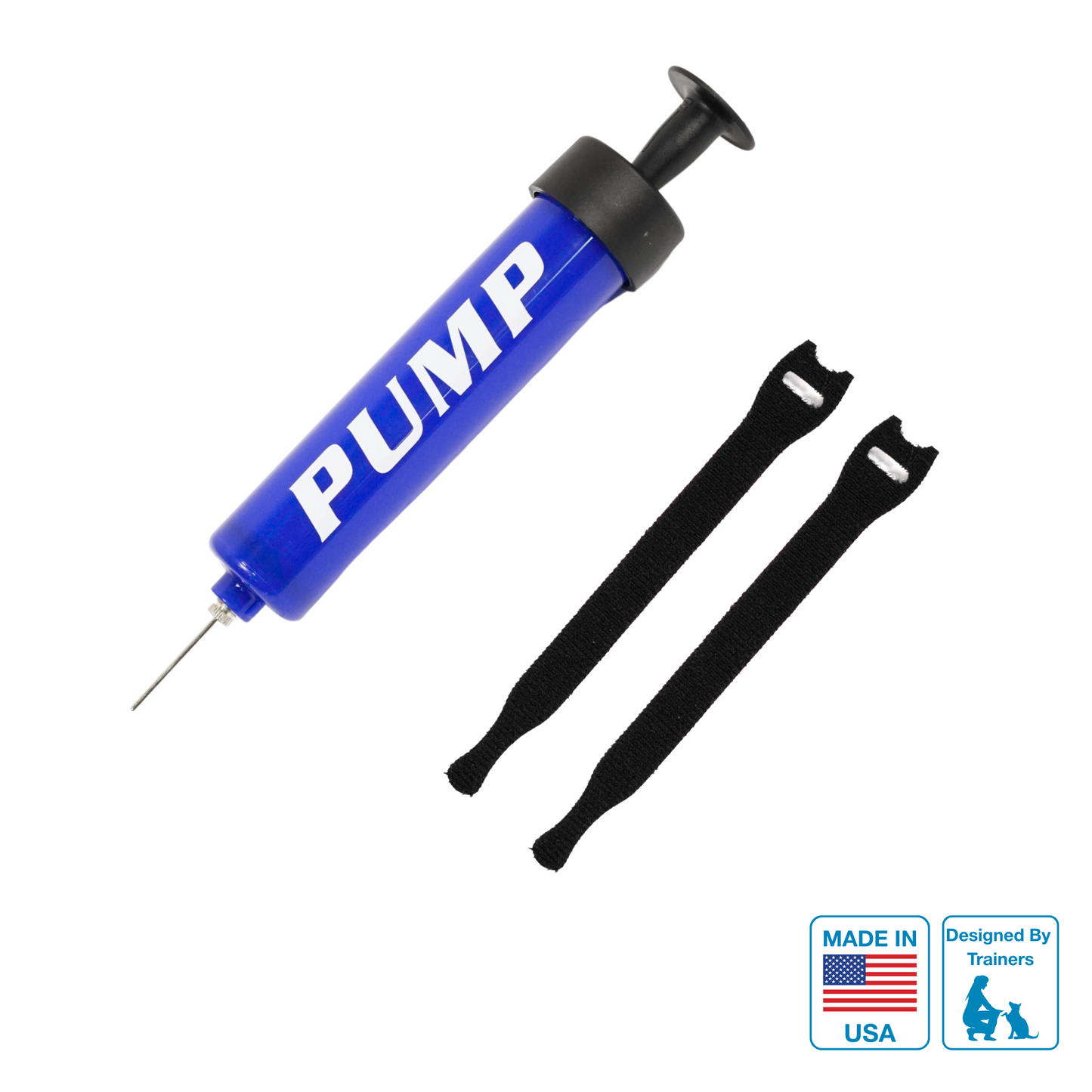 Blue air pump with needle with hook and loop straps on a white background.