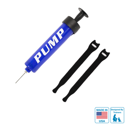 Blue air pump with needle with hook and loop straps on a white background.