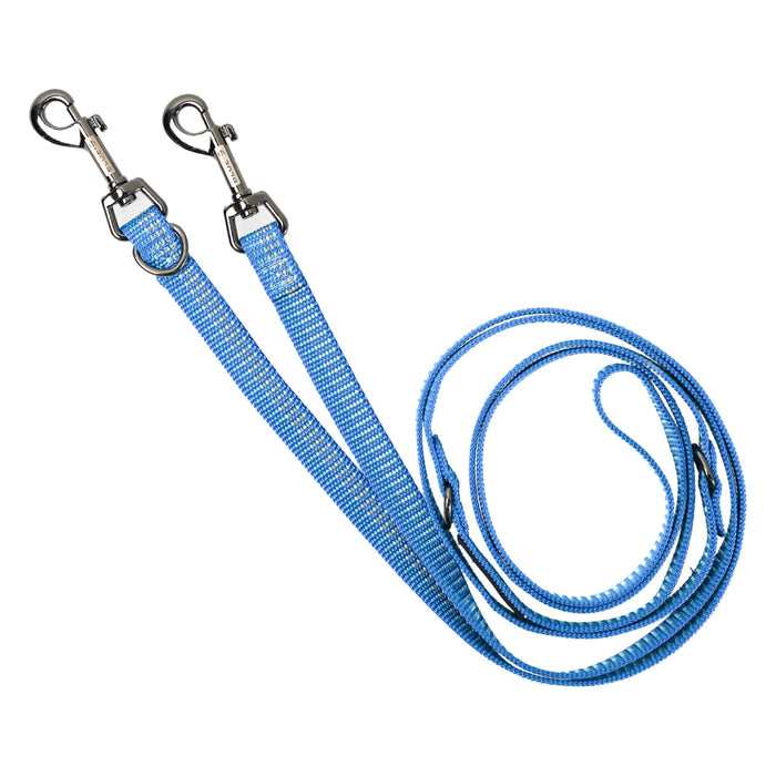 Blue Reflective multi-function leash with silver hardware displayed on a white background