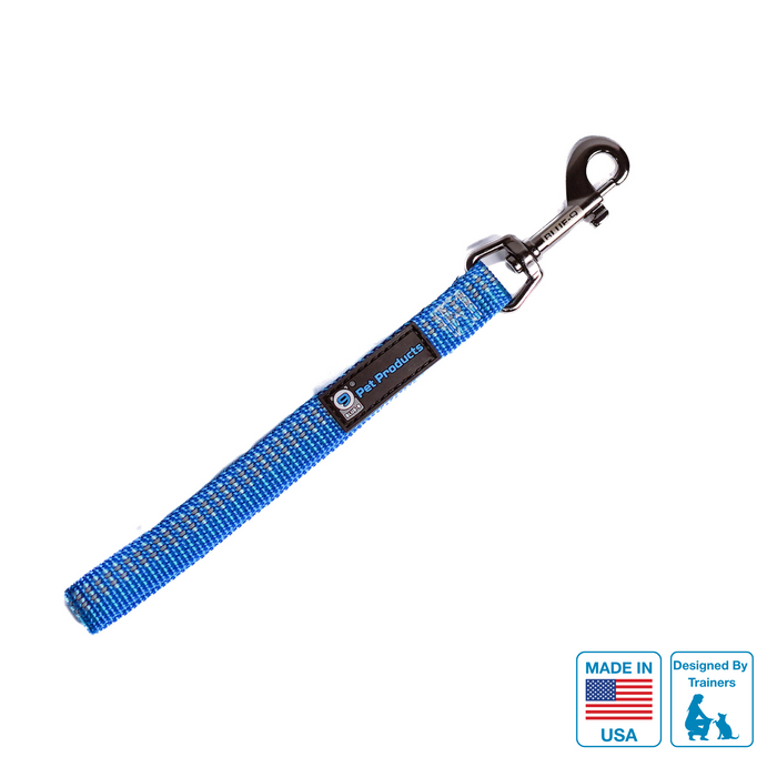 Blue Reflective Tab leash with blue-9 pet products logo and silver hardware on a white background.
