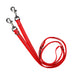 A red reflective multi-function dog leash with nylon material and metal clips.